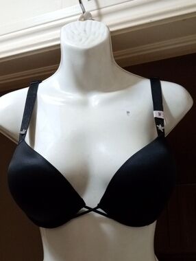 Victoria's Secret Black Satin Push-Up Bra with Star Strap Detail Padded 32D